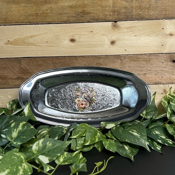 Upcycled Vintage 1980's Irvinware USA Etched Chrome Oval Tray Embellished Bird - Picture 1 of 12